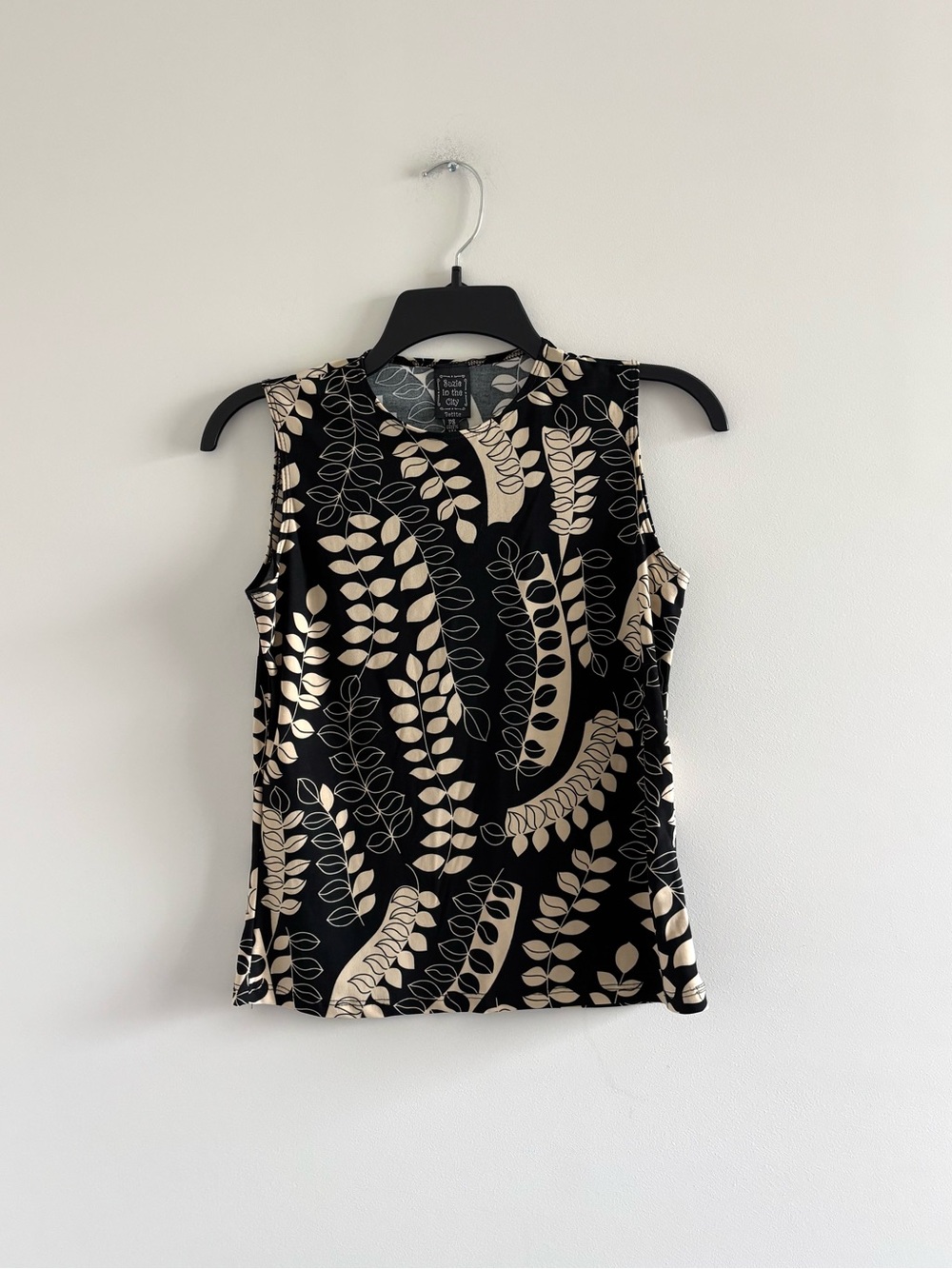 VTG Suzie In The City Tank Shell Top Black Beige Leaf Womens PS 90s Boho Office